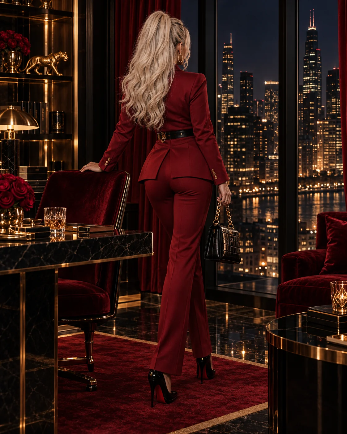 Marie Bella in a crimson suit at the window of a penthouse study at night