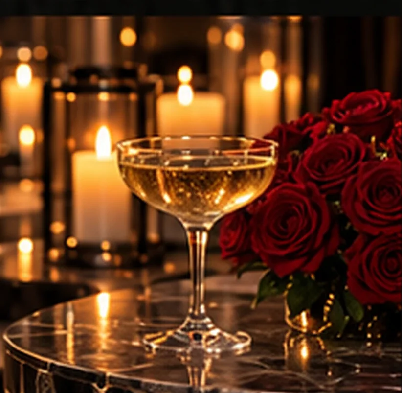 Champagne, candlelight, and red roses